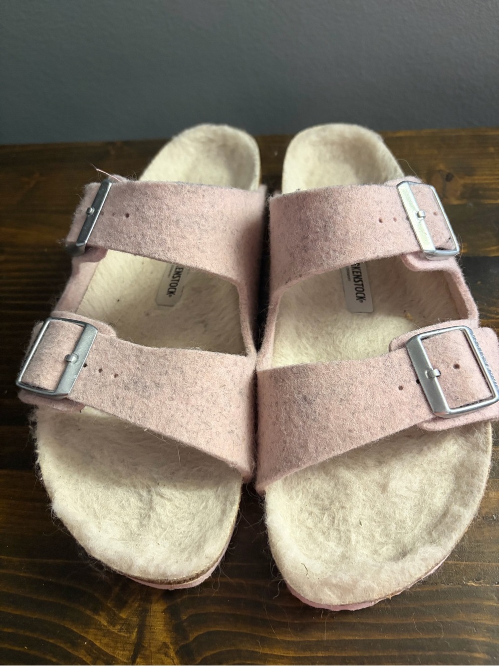 Birkenstock Arizona Soft Pink Wool Felt Two-Buckle Slide Sandals Size 41 or 10